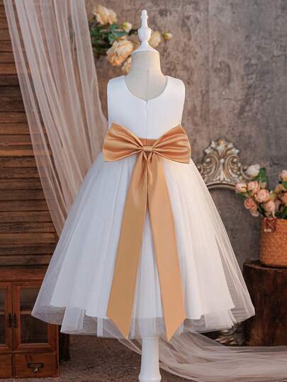 SHEIN Glamorique Kids Pearl Contrast Color Mesh A-Line Young Girls Party Dress