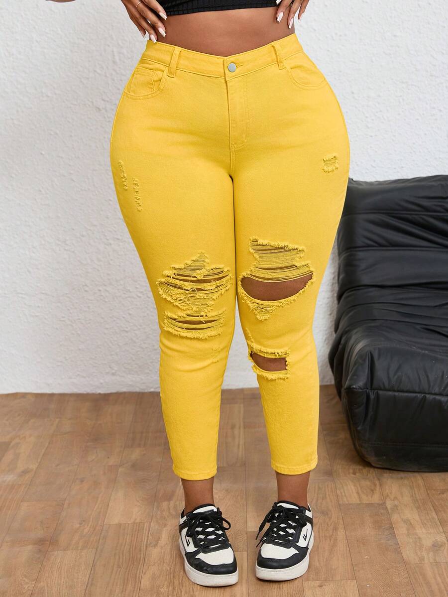 SHEIN ICON Plus Size Women High Waist Pockets Distressed Skinny Casual Versatile Denim Jeans - Yellow - View 1