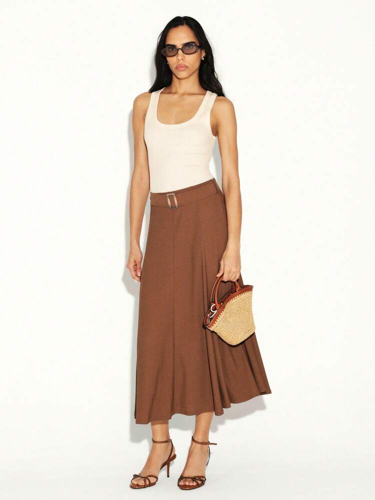 KSTM Women's Brown Chain Link Waist Panel Gore Midi Skirt With Belt Detail For Fall Season Casual Wear