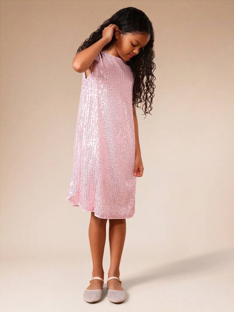 Pink Sequin Sleeveless Dress With Bow