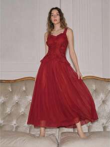 Anewsta Women's Elegant Vacation Dress, Sleeveless Pleated Frill Trim Waist Fit And Flare Red Dress French Style Dress Red Ruffle Dress - Red - View 7