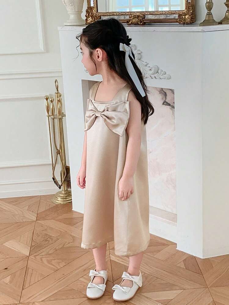Young Girl Solid Color Bow Decor Square Neck Sleeveless Party Dress