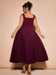 Cravure Plus Size Women's Solid Color Flared Square Neck Sleeveless Elegant Dress - Burgundy - View 2