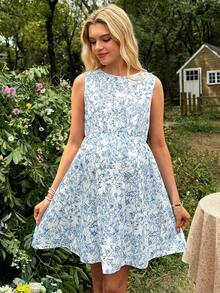 SHEIN Floral Sleeveless Backless Bow Decor Maternity Dress, Summer - Blue - View 3
