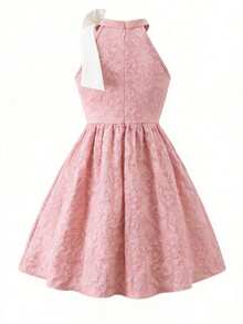 Tween Girls'Elegant Commuter Princess 3D Bowknot Sleeveless Waist Cinched Blue Floral Jacquard Dress,Dusty Pink,Summer,Elegant,Party For Vacation - Blue - View 5