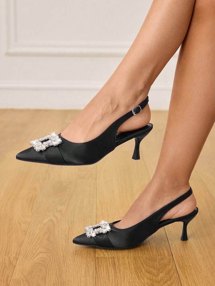CUCCOO HITCHD Women's Spring/Summer New Rhinestone Stiletto High Heels, Romantic Elegant Black Satin Formal Dress Shoes, Graceful High Heel Sandals For Valentine's Day Elegant Shoes Wedding Shoes