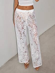 SHEIN ICON Women's Sexy Vacation Style Paisley Lace Semi-Sheer Flare Pants - White - View 1