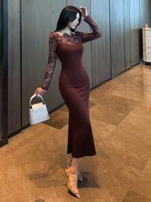 DAZY فستان نسائي متوسط الطول بتصميم ذيل حورية البحر مع تطريز الدانتيل، فساتين صيفية وربيعية للنساء - الأحمر - مشاهدة 4