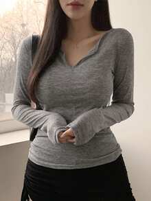 DAZY 女式修身透视长袖T恤，秋季服装 - 灰色 - 查看 6