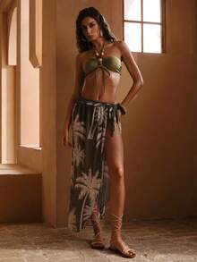 Swim Oasis New Colorful Beaded Textured Solid Color Halter Neck Swimwear Top And High Waist Printed Mesh Beach Skirt Premium Quality Swimwear Set - Multicolor - View 6