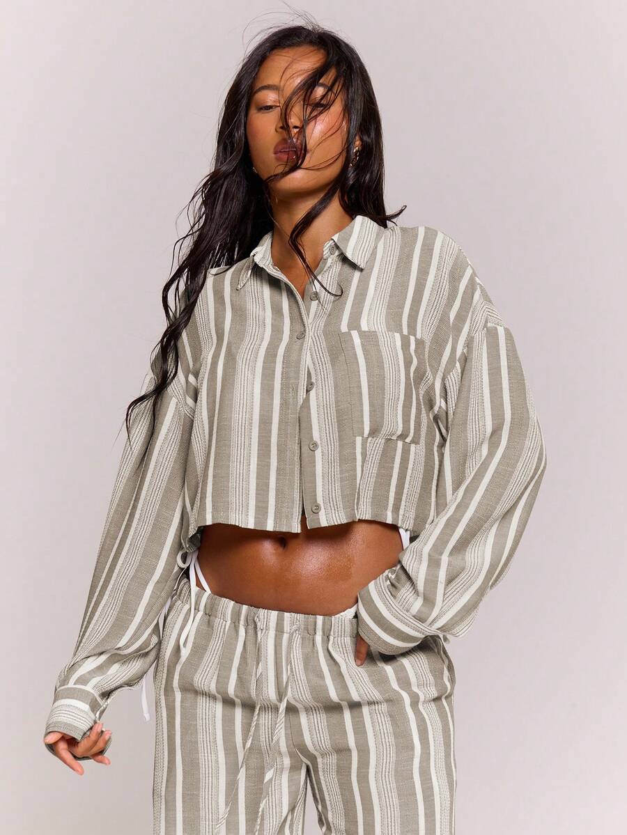 MUSERA Textured Linen Stripe Button Shirt Co-Ord Top Only Spring Summer Beachwear Holiday Vacation Cute Casual - Multicolor - View 1