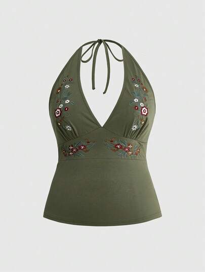 ROMWE Fairycore Millennium Vintage Hippie Floral Embroidery Cinched Waist Plus Size Spaghetti Strap Camisole, Spring/Summer