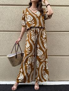 Solivie Women's Elegant V-Neck Blouse & Wide Leg Pants Leaf Print 2 Pieces Set - Brown - View 5