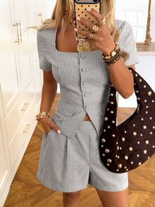 SHEIN EZwear 蓝色条纹梭织女式单排扣短袖衬衫和短裤套装 - 藍白色 - 查看 6