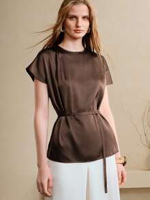 Revavyn Revavyn Áo sơ mi nữ Tencel dáng chữ H cổ tròn tay cánh dơi xếp ly thắt eo kiểu dáng thường ngày/công sở - màu nâu - Xem 7