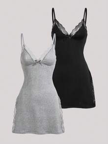 Hourtrue 2pcs Lace Patchwork Bow Decor Romantic Side Slit Cami Nightgown - Multicolor - View 1