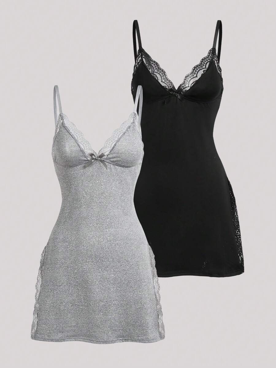 Hourtrue 2pcs Lace Patchwork Bow Decor Romantic Side Slit Cami Nightgown - Multicolor - View 1