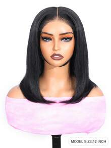 Yaki 直发短波波头假发，真人发，5x5，预处理，无胶假发，蕾丝前假发，真人发，预拔毛发际线，即戴即用，预剪裁，无胶真人发假发，180% 密度 - Natural Black - 查看 3