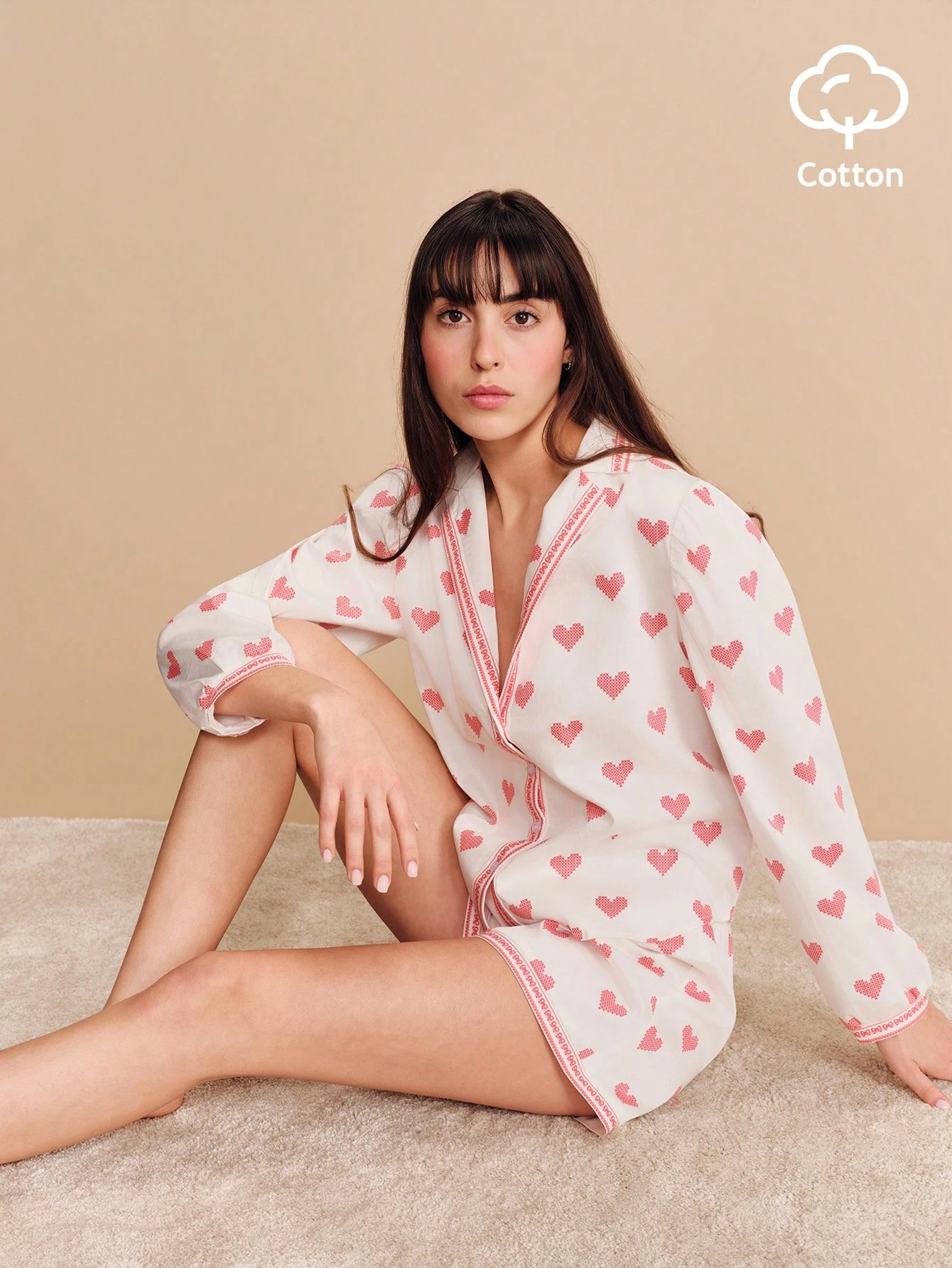 Red Heart Print Woven Cotton Pyjama Shirt And Matching Short Set Cute Vintage Romantic Cotton Sleepwear French Style Parisian Style Heart Pajama Set Pajamas Set For Woman Pajama Shirt For Women Women's Loungewear Women's Sleepwear Pajama Set For Women Women's Loungewear