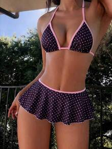Bonvoyette 2026 Spring/Summer Springbreak Women Beachwear 2pcs Set, Spaghetti Strap Polka Dot Print Top And Ruffle Trim Contrast Color Bikini Bottoms, Beach Vacation Bikini Set Polka Dot Bathing Suit - Multicolor - View 1