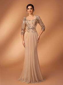 Serin Váy đuôi cá sang trọng, thanh lịch với chất liệu ren đính cườm và lưới co giãn, xếp ly, tay áo voan mỏng, thích hợp cho đám cưới, tiệc tùng, lễ hội, cô dâu, hoặc váy dạ hội cho mẹ cô dâu. - Rượu sâm banh - Xem 2