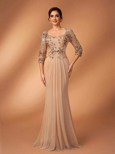 Serin 优雅奢华的串珠蕾丝贴花拼接弹力针织网纱荷叶边薄纱袖鱼尾裙，适合婚礼、派对、节日、新娘、新娘母亲晚礼服