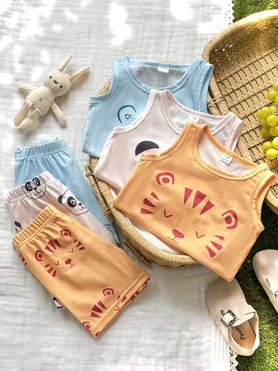 SHEIN Vintaside Kids 6件套男婴夏季套装，包含黑色、白色和条纹三种颜色：背心和短裤，舒适休闲，适合日常穿着。