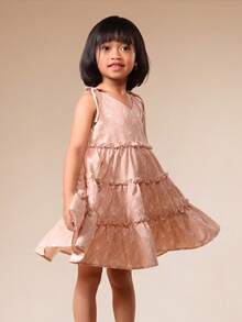 SUMWON Girls V-Neck Tiered Ruffle Dress With Shoulder Tie Details For Spring Summer Party Occasions - Apricot - View 4