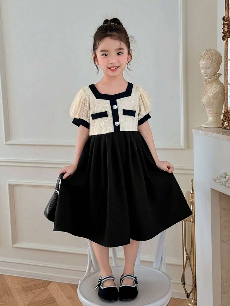 Young Girl Elegant Contrast Color Lace Patchwork Summer Dress