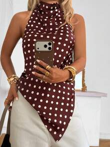 SHEIN EZwear 女士棕色缎面波点不对称下摆露背吊带上衣 - 咖啡棕 - 查看 9