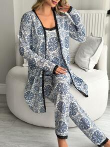 SHEIN Relax And Casual 3 Pieces Cottonline Pajama Set With Lace Detailed Cute Shawl Pattern - Blue and White - View 5