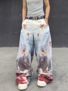 Manfinity EMRG Men's Casual Retro Angel Print Wide-Leg Jeans - Multicolor - View 5