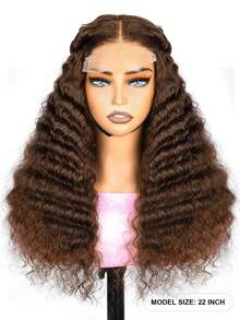 巧克力棕色深波浪卷发真人发假发，4x4蕾丝闭合假发，180%密度，巴西深卷透明蕾丝前额假发，真人发，预先拔毛，带婴儿发，无需胶水，女士假发 - S4 - 查看 4