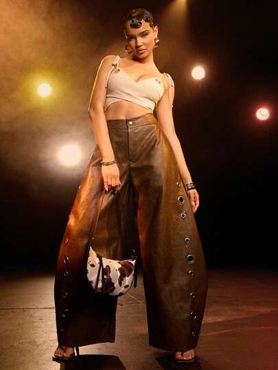 Hauture Women's Sexy Faux Leather Hollow Out Metal Eyelet Ring Detail Trousers Pants