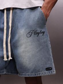 PLAYBOY X SUMWON Men's Vintage Washed Denim Pull On Shorts With Drawstring Waistband Text Print Casual Summer Bermuda Style - Blue - View 5