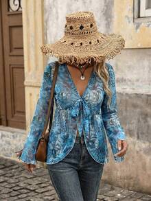 Brillora Paisley Print Mesh Long Sleeve Tie Front Asymmetric Hem Blouse For Women Summer Tops Vacation Boho Casual Elegant Beach Outfit - Teal Blue - View 5