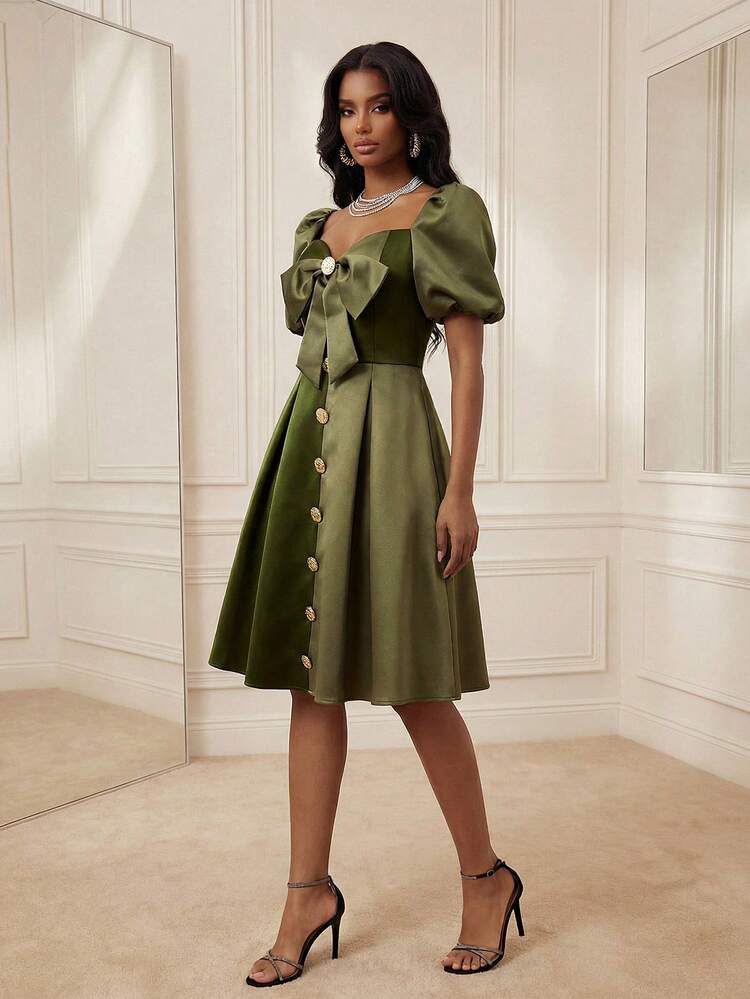 Women's Summer Military Green Patchwork Bow Tie Strap Elegant Casual Vacation Dress, Luxury Wedding Guest Dress