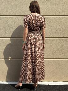 Solivie 女士斑马纹褶皱花瓣袖腰带中长连衣裙 - 棕色 - 查看 2