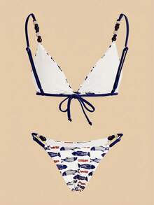 Travachic Bộ bikini gồm áo khoác ngoài và váy in hình cá, họa tiết cá, đính cườm nhiều màu ngẫu nhiên, thích hợp cho kỳ nghỉ biển. - Màu xanh lam - Xem 5