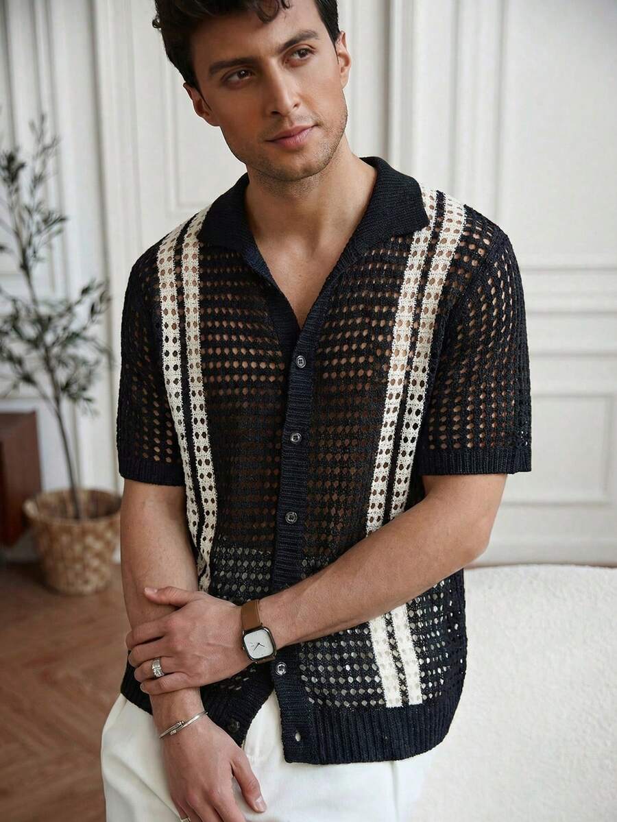 Manfinity Homme Áo khoác cardigan nam phong cách casual, phối màu lấy cảm hứng từ các blogger thời trang, kiểu dáng khoét rỗng, thích hợp cho kỳ nghỉ. - màu đen - Xem 1