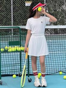 Hapijoa Tween Girl Letter Print Round Neck Raglan Short Sleeve T-Shirt And Mini Skirt Sports Set Summer - White - View 3