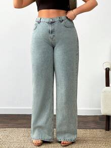 SHEIN 100% Cotton Plus High Waist Casual Straight Jean - Medium Wash - View 4