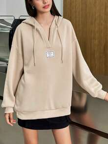 INAWLY Sudadera con capucha de ajuste holgado con cordón y gráfico de letras para mujer - Caqui - Ver 4