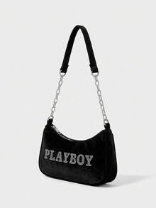 Missguided x Playboy Bolso de hombro con cadena y logo de rhinestone para mujer - Negro - Ver 2