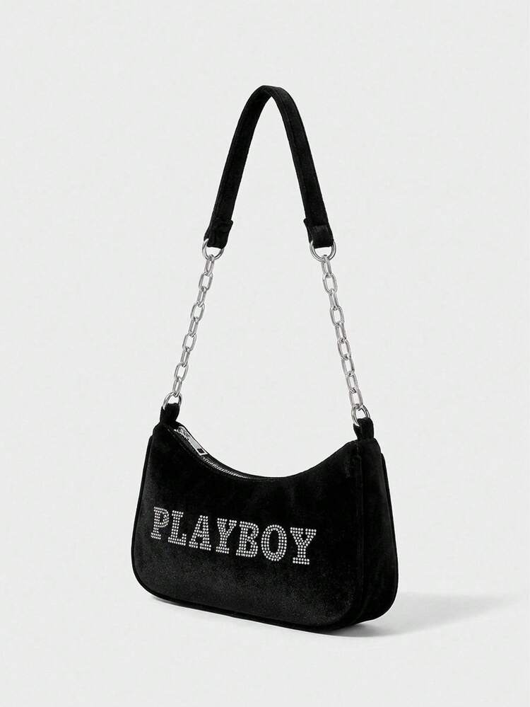 Missguided x Playboy Rhinestone Embellished Hobo Shoulder Bag With Chain Strap And Logo Text For Evening Party Occasions Fashion Accessory