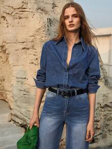 MOTF PREMIUM 刺绣深色水洗牛仔基础款衬衫，春夏款 - 深色水洗藍 - 查看 6