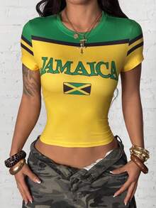 StreetHx 女士夏季露脐短袖T恤，印有牙买加国旗图案，Y2K风格露脐短袖白色婴儿T恤 - 彩色 - 查看 6