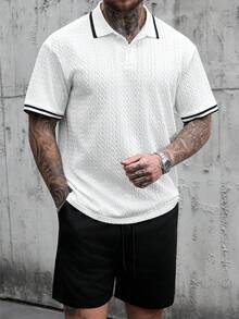 Manfinity Homme 男士休闲撞色滚边 Polo 衫短裤套装，夏季 - 彩色 - 查看 4