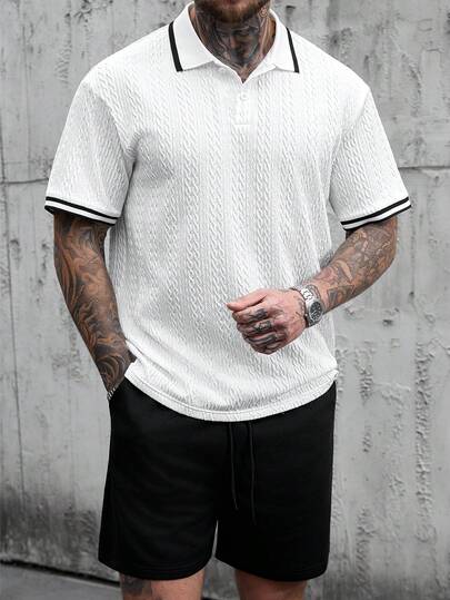 Manfinity Homme 男士休闲撞色滚边 Polo 衫短裤套装，夏季