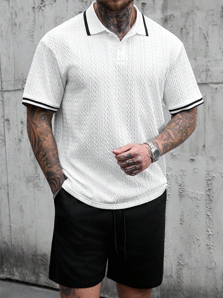 Manfinity Homme 男士休闲撞色滚边 Polo 衫短裤套装，夏季 - 彩色 - 查看 1